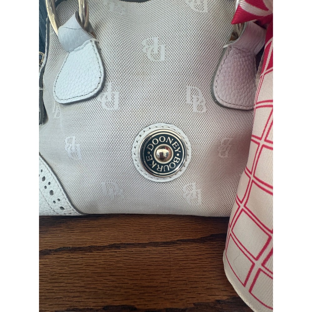 Dooney & Bourke Monogram Canvas Satchel Bag White Leather Trim w/ vintage Scarf - Picture 2 of 12
